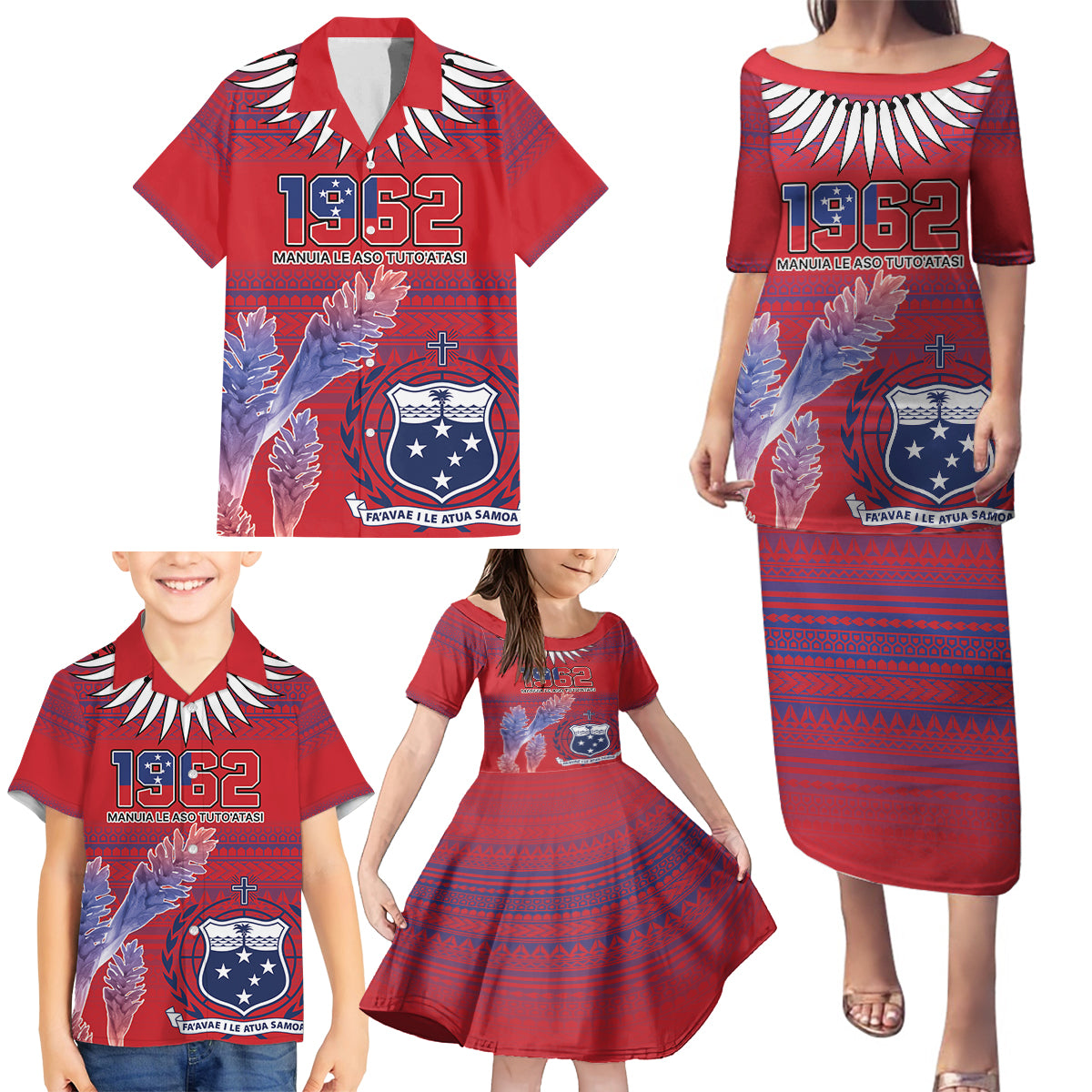 Custom Samoa 1962 Independence Day Custom Family Matching Puletasi and Hawaiian Shirt Manuia le Aso Tuto'atasi Ula Nifo Red Art LT9 - Polynesian Pride