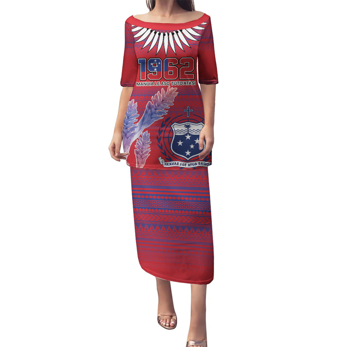 Custom Samoa 1962 Independence Day Custom Family Matching Puletasi and Hawaiian Shirt Manuia le Aso Tuto'atasi Ula Nifo Red Art LT9 Mom's Dress Red - Polynesian Pride