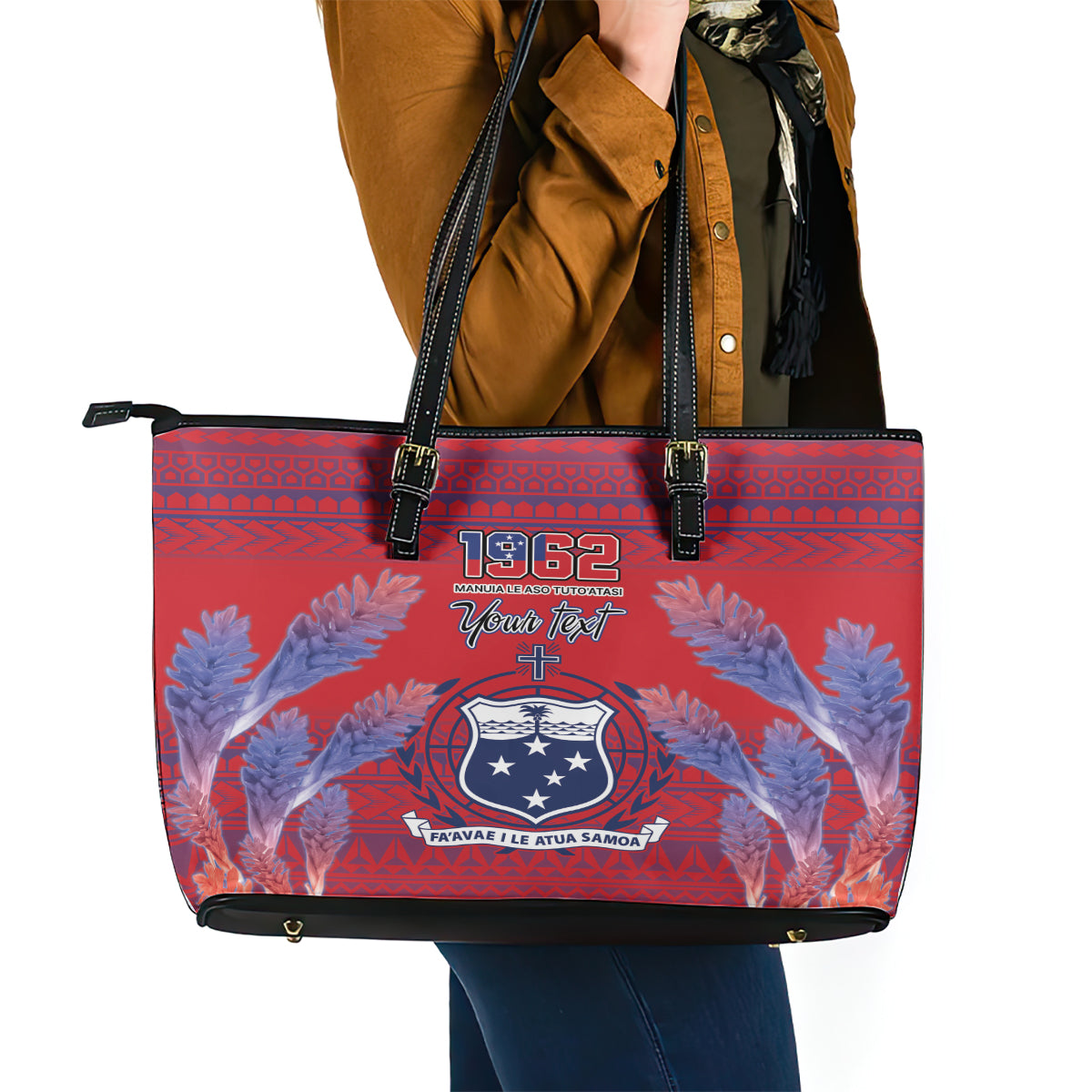 Custom Samoa 1962 Independence Day Custom Leather Tote Bag Manuia le Aso Tuto'atasi Ula Nifo Red Art