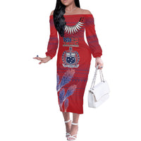 Custom Samoa 1962 Independence Day Custom Off The Shoulder Long Sleeve Dress Manuia le Aso Tuto'atasi Ula Nifo Red Art LT9 Women Red - Polynesian Pride