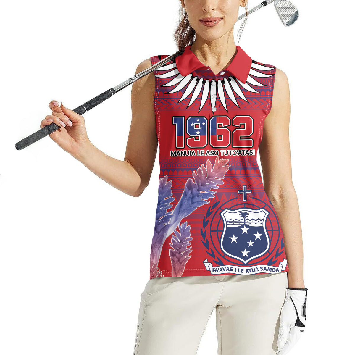 Custom Samoa 1962 Independence Day Custom Women Sleeveless Polo Shirt Manuia le Aso Tuto'atasi Ula Nifo Red Art LT9 - Polynesian Pride