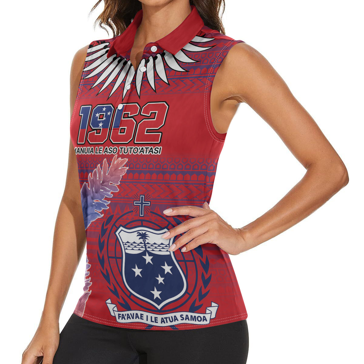 Custom Samoa 1962 Independence Day Custom Women Sleeveless Polo Shirt Manuia le Aso Tuto'atasi Ula Nifo Red Art LT9 - Polynesian Pride