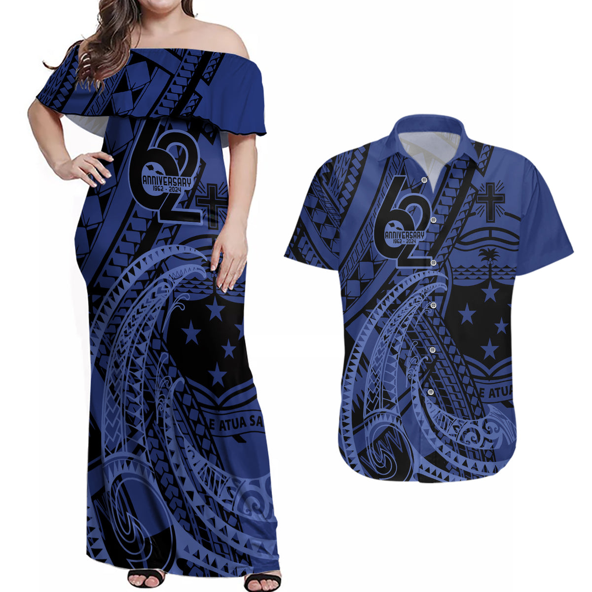 Custom Samoa 62nd Manuia le Aso Tuto'atasi Couples Matching Off Shoulder Maxi Dress and Hawaiian Shirt Samoan Tatau Blue Art LT9 Blue - Polynesian Pride