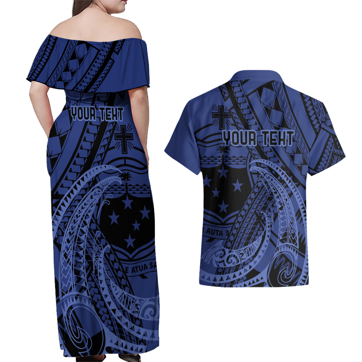 Custom Samoa 62nd Manuia le Aso Tuto'atasi Couples Matching Off Shoulder Maxi Dress and Hawaiian Shirt Samoan Tatau Blue Art LT9 - Polynesian Pride