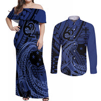 Custom Samoa 62nd Manuia le Aso Tuto'atasi Couples Matching Off Shoulder Maxi Dress and Long Sleeve Button Shirt Samoan Tatau Blue Art LT9 Blue - Polynesian Pride