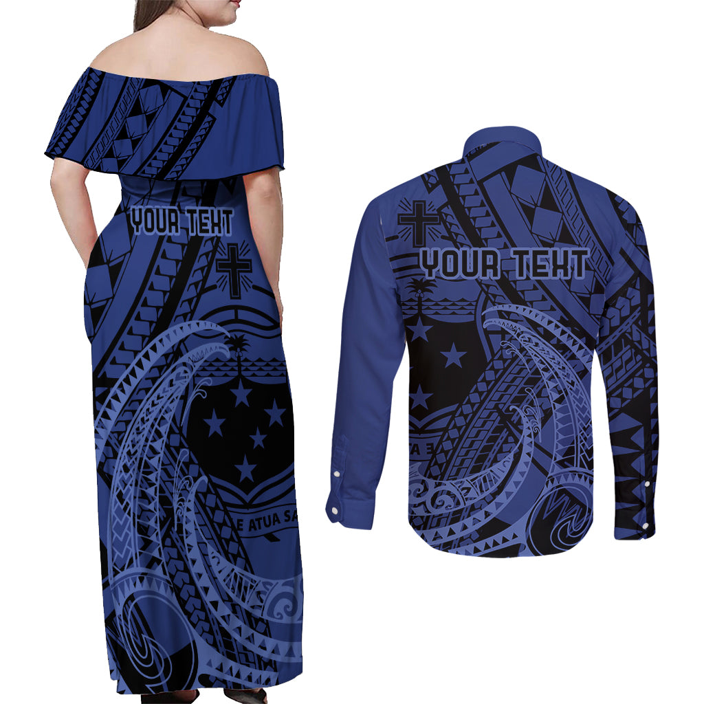 Custom Samoa 62nd Manuia le Aso Tuto'atasi Couples Matching Off Shoulder Maxi Dress and Long Sleeve Button Shirt Samoan Tatau Blue Art LT9 - Polynesian Pride