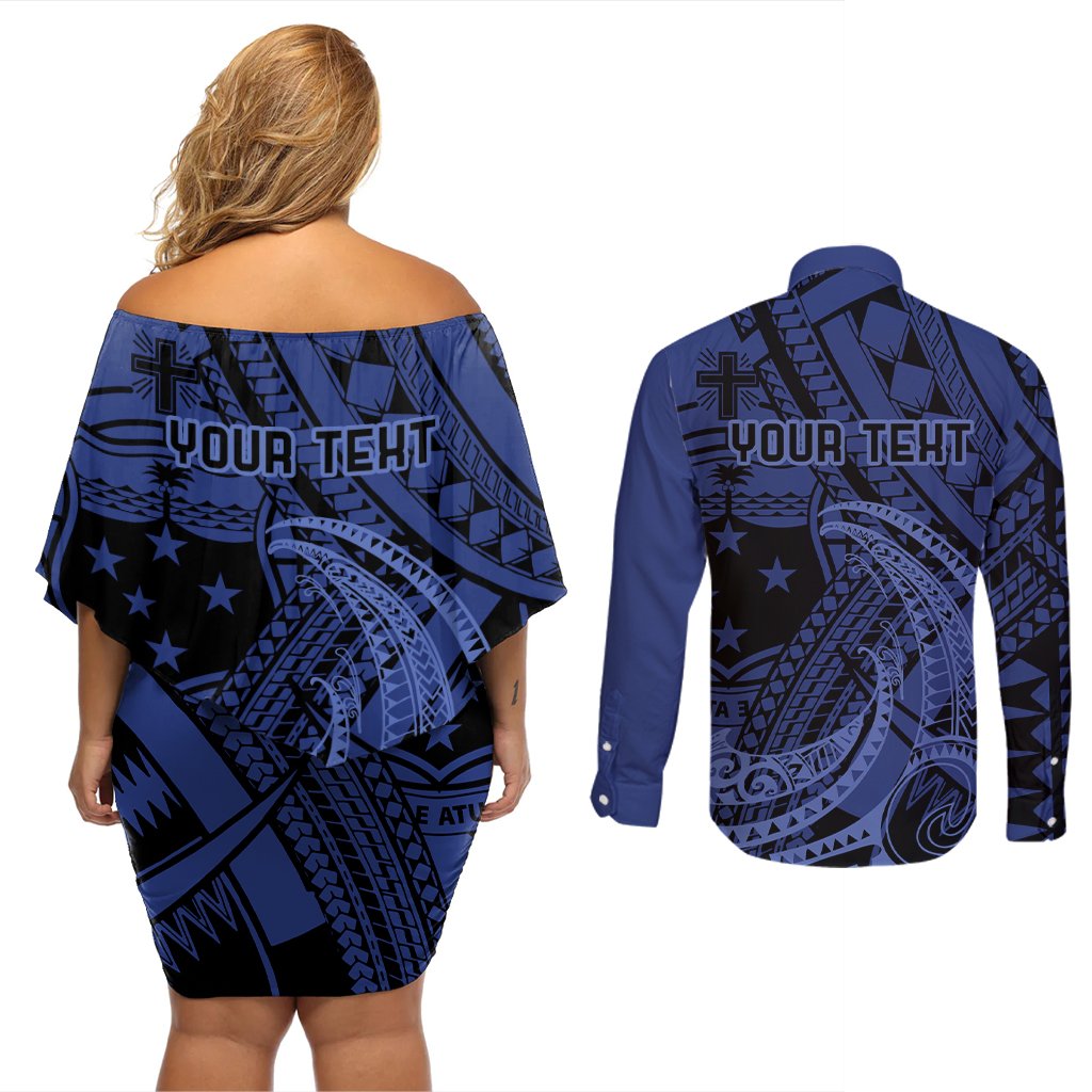 Custom Samoa 62nd Manuia le Aso Tuto'atasi Couples Matching Off Shoulder Short Dress and Long Sleeve Button Shirt Samoan Tatau Blue Art LT9 - Polynesian Pride