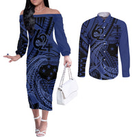 Custom Samoa 62nd Manuia le Aso Tuto'atasi Couples Matching Off The Shoulder Long Sleeve Dress and Long Sleeve Button Shirt Samoan Tatau Blue Art LT9 Blue - Polynesian Pride