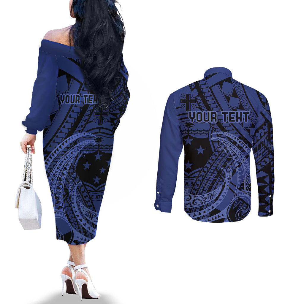 Custom Samoa 62nd Manuia le Aso Tuto'atasi Couples Matching Off The Shoulder Long Sleeve Dress and Long Sleeve Button Shirt Samoan Tatau Blue Art LT9 - Polynesian Pride