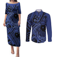 Custom Samoa 62nd Manuia le Aso Tuto'atasi Couples Matching Puletasi and Long Sleeve Button Shirt Samoan Tatau Blue Art LT9 Blue - Polynesian Pride