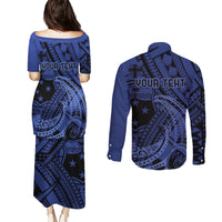 Custom Samoa 62nd Manuia le Aso Tuto'atasi Couples Matching Puletasi and Long Sleeve Button Shirt Samoan Tatau Blue Art LT9 - Polynesian Pride