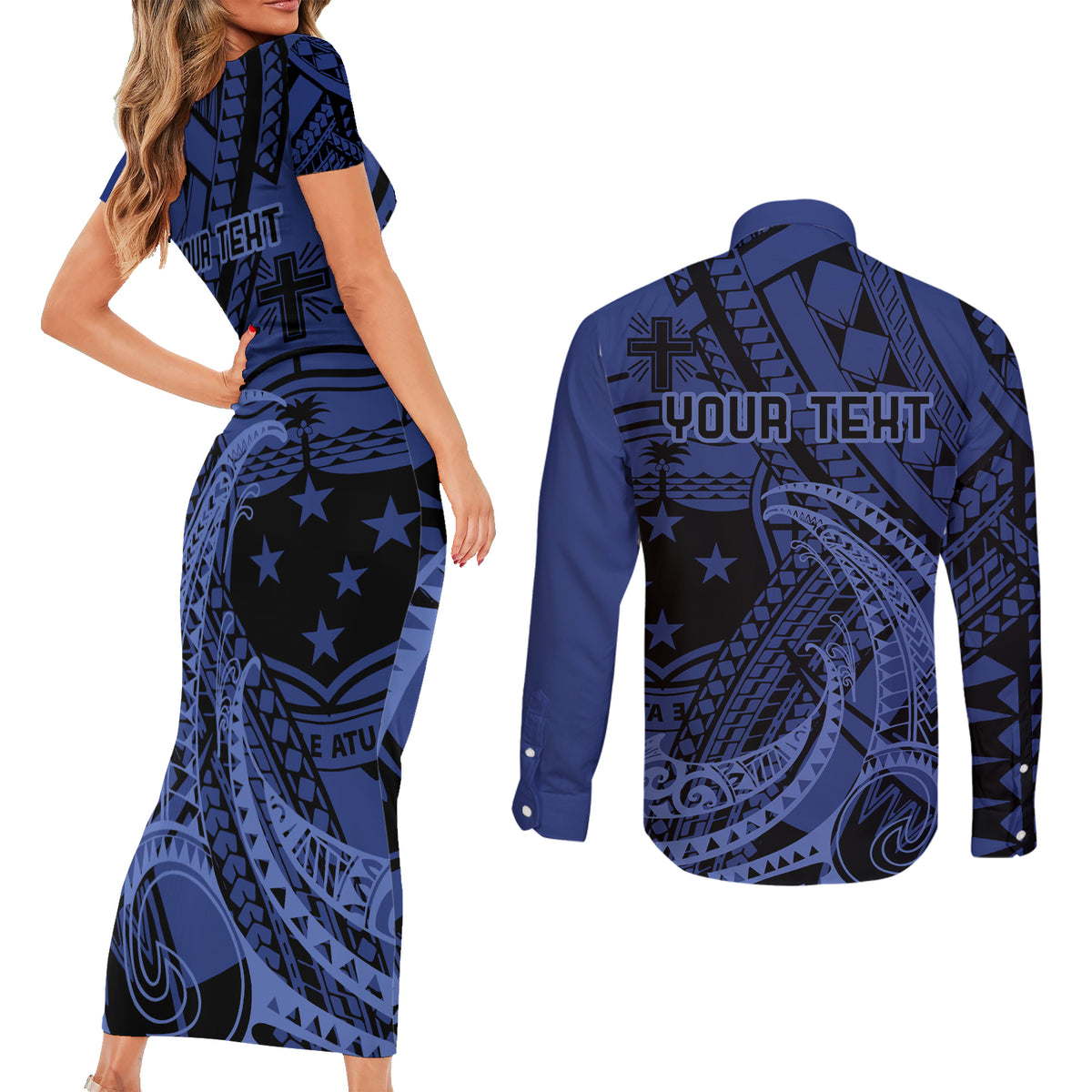 Custom Samoa 62nd Manuia le Aso Tuto'atasi Couples Matching Short Sleeve Bodycon Dress and Long Sleeve Button Shirt Samoan Tatau Blue Art LT9 - Polynesian Pride