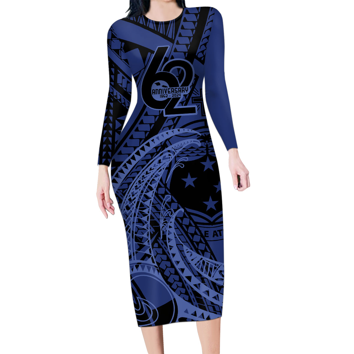 Custom Samoa 62nd Manuia le Aso Tuto'atasi Family Matching Long Sleeve Bodycon Dress and Hawaiian Shirt Samoan Tatau Blue Art LT9 Mom's Dress Blue - Polynesian Pride
