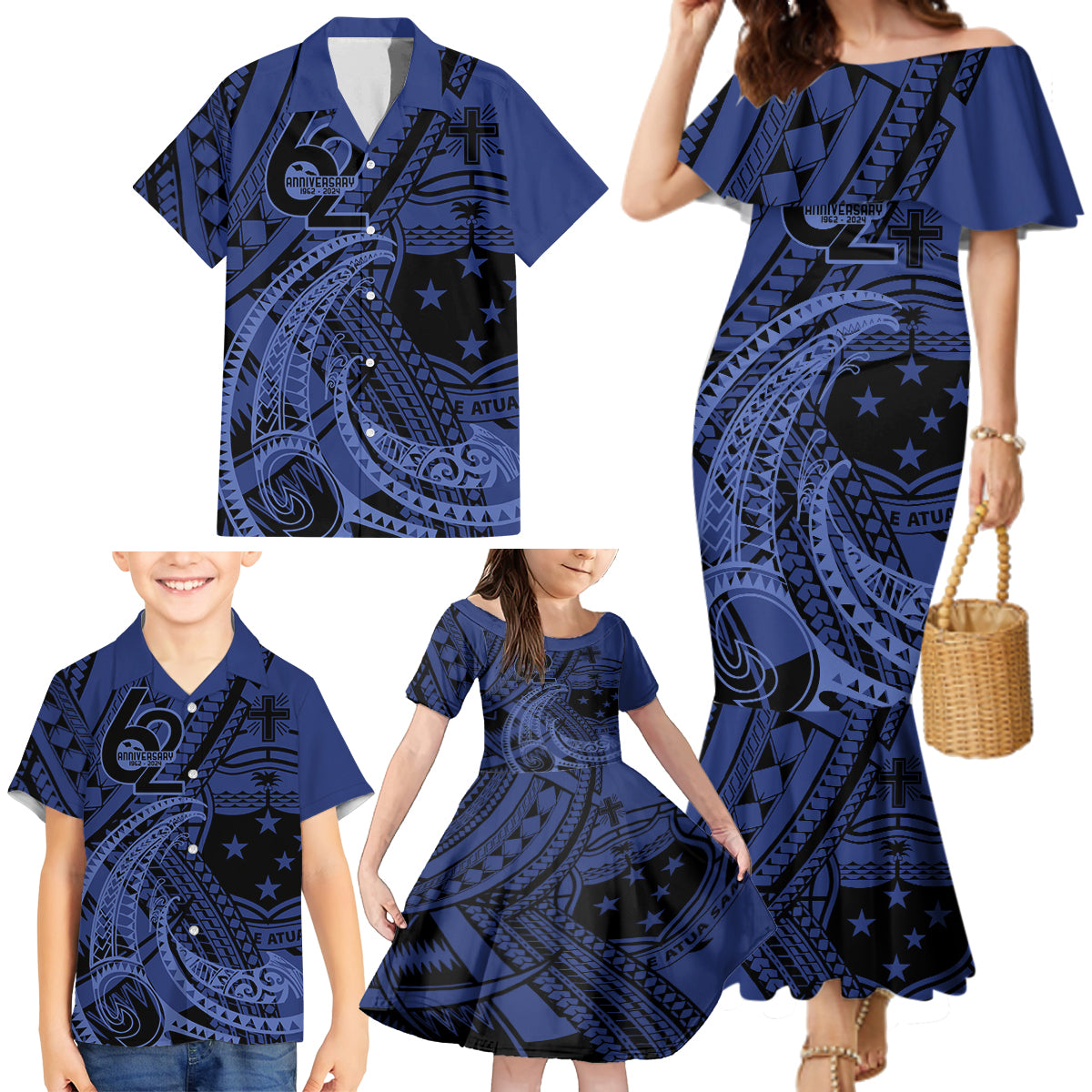 Custom Samoa 62nd Manuia le Aso Tuto'atasi Family Matching Mermaid Dress and Hawaiian Shirt Samoan Tatau Blue Art LT9 - Polynesian Pride