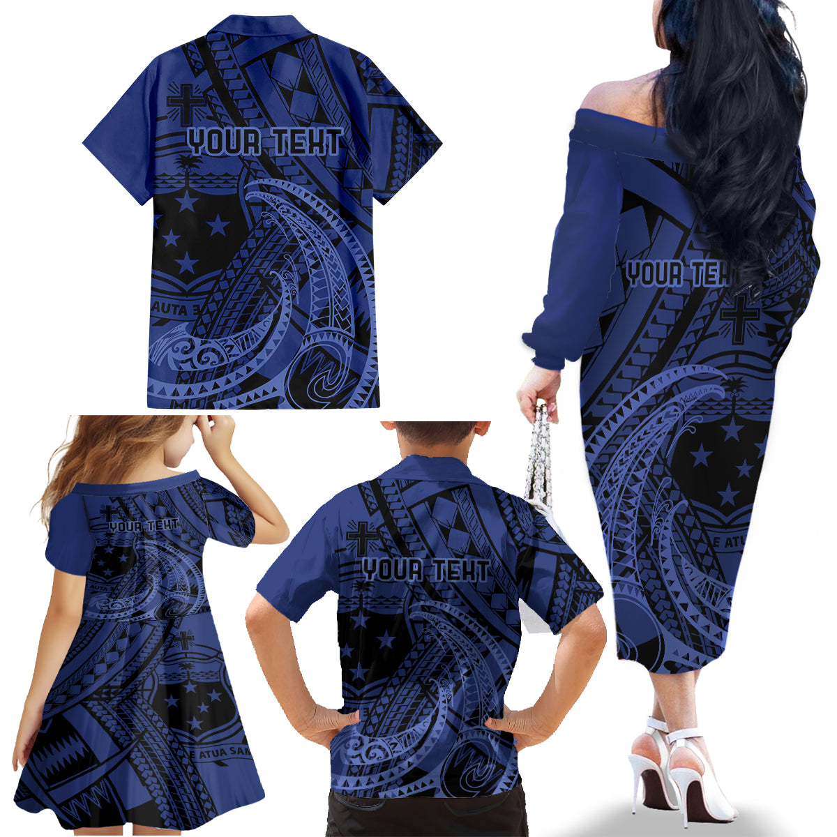 Custom Samoa 62nd Manuia le Aso Tuto'atasi Family Matching Off The Shoulder Long Sleeve Dress and Hawaiian Shirt Samoan Tatau Blue Art LT9 - Polynesian Pride