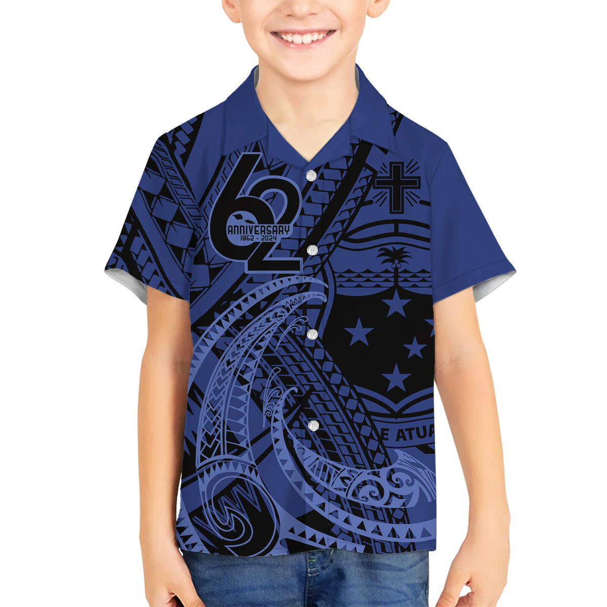 Custom Samoa 62nd Manuia le Aso Tuto'atasi Family Matching Off Shoulder Maxi Dress and Hawaiian Shirt Samoan Tatau Blue Art LT9 Son's Shirt Blue - Polynesian Pride