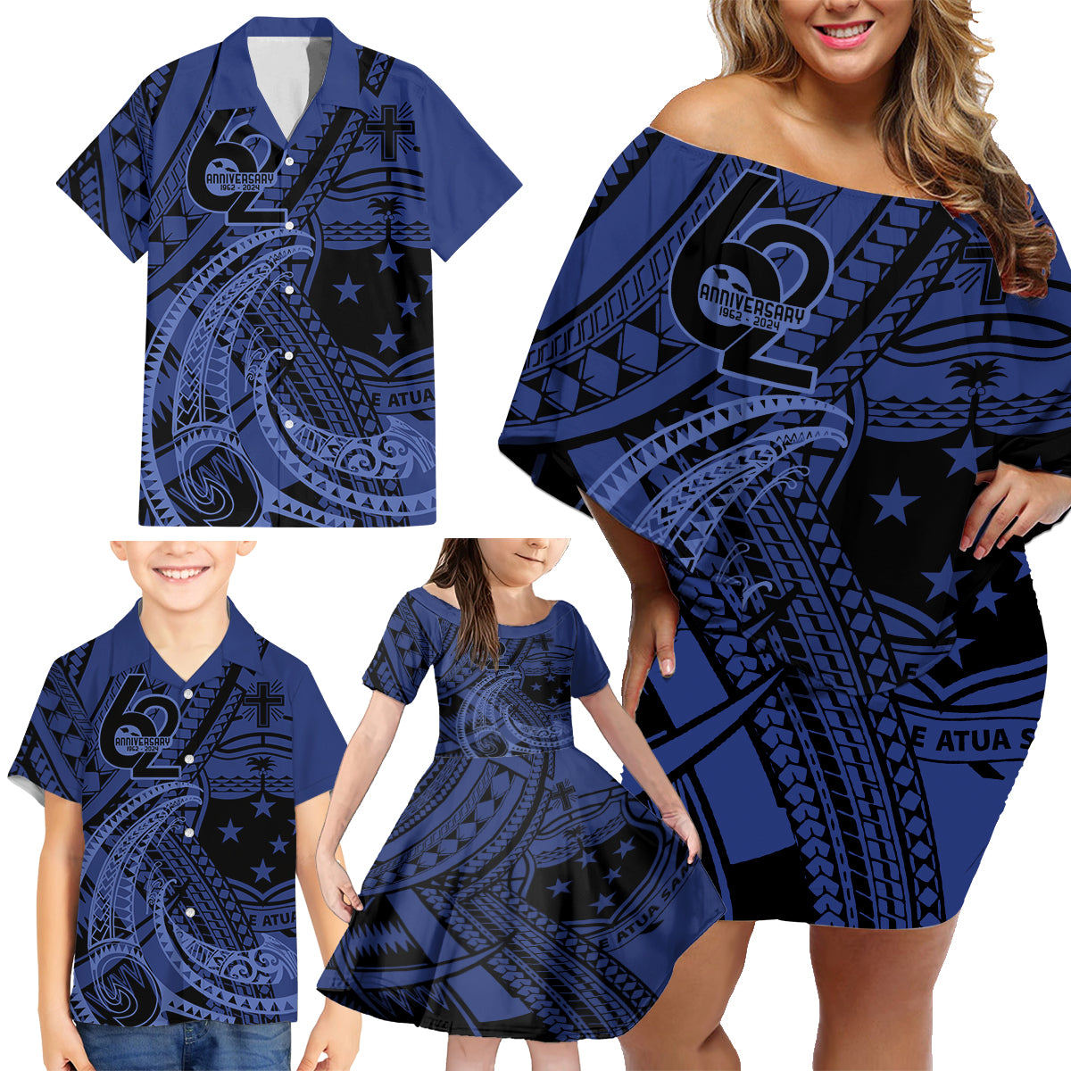 Custom Samoa 62nd Manuia le Aso Tuto'atasi Family Matching Off Shoulder Short Dress and Hawaiian Shirt Samoan Tatau Blue Art LT9 - Polynesian Pride