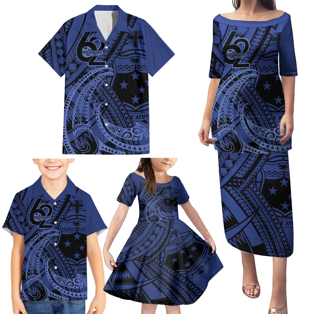 Custom Samoa 62nd Manuia le Aso Tuto'atasi Family Matching Puletasi and Hawaiian Shirt Samoan Tatau Blue Art LT9 - Polynesian Pride