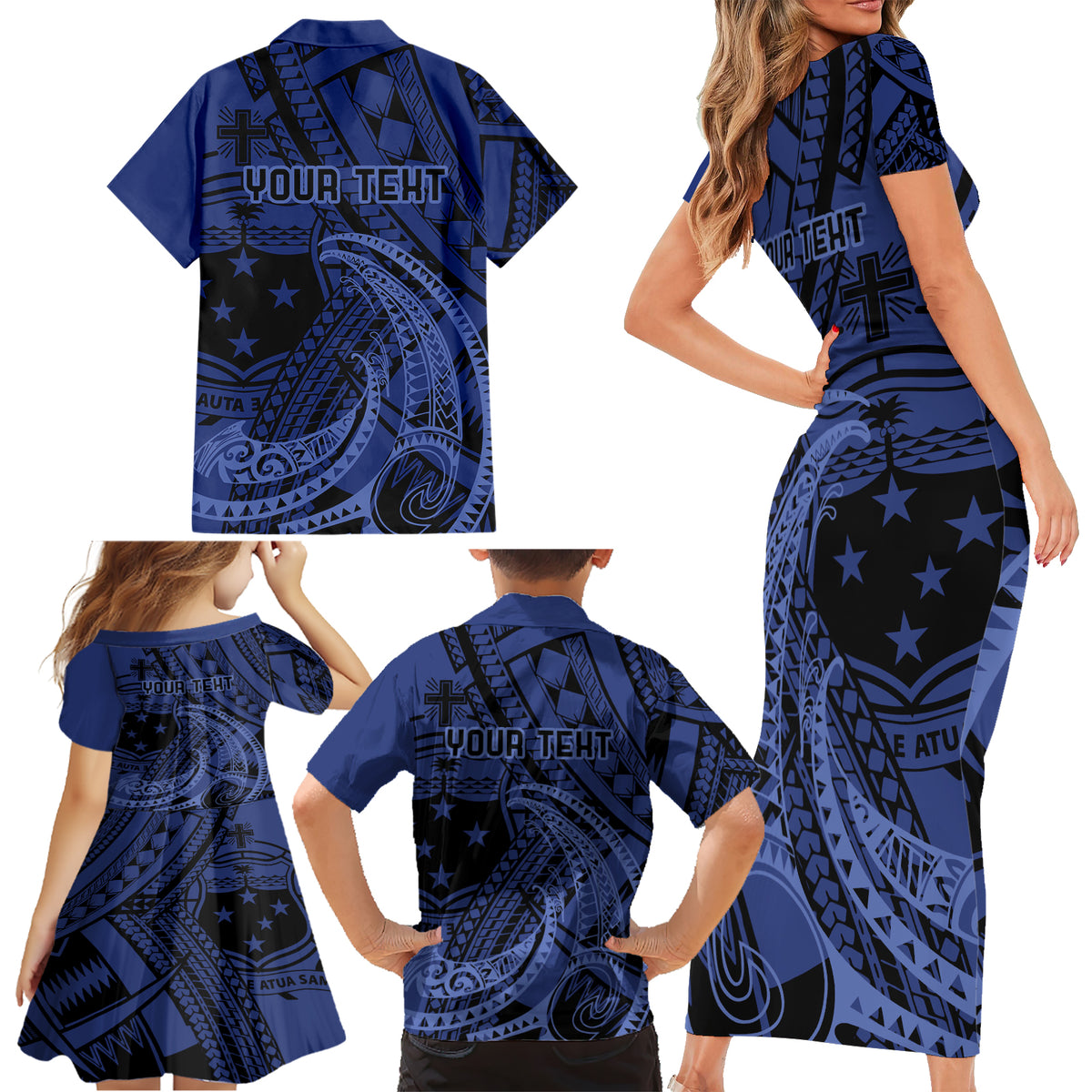 Custom Samoa 62nd Manuia le Aso Tuto'atasi Family Matching Short Sleeve Bodycon Dress and Hawaiian Shirt Samoan Tatau Blue Art LT9 - Polynesian Pride