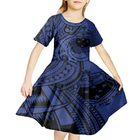 Custom Samoa 62nd Manuia le Aso Tuto'atasi Kid Short Sleeve Dress Samoan Tatau Blue Art LT9 - Polynesian Pride