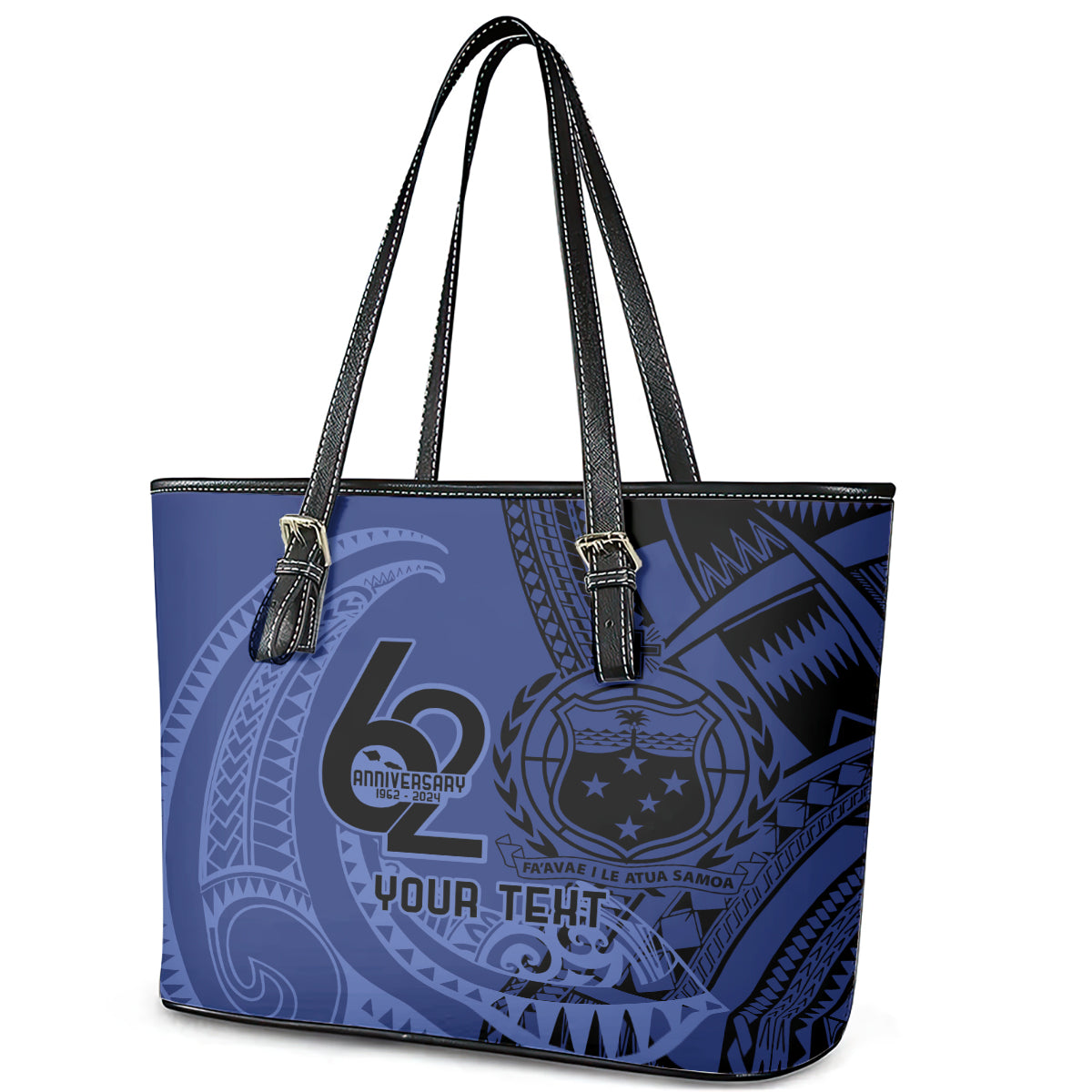 Custom Samoa 62nd Manuia le Aso Tuto'atasi Leather Tote Bag Samoan Tatau Blue Art