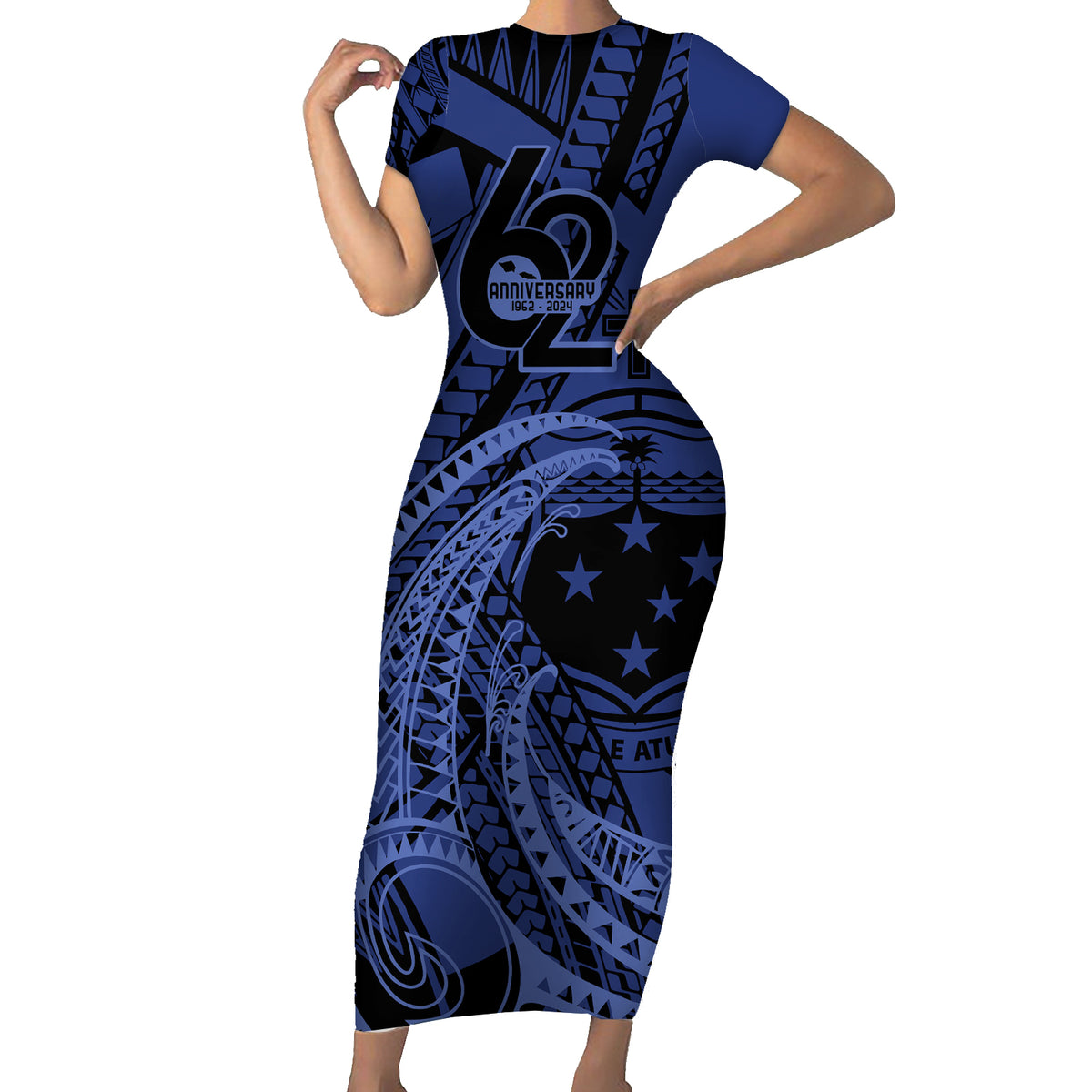Custom Samoa 62nd Manuia le Aso Tuto'atasi Short Sleeve Bodycon Dress Samoan Tatau Blue Art LT9 Long Dress Blue - Polynesian Pride
