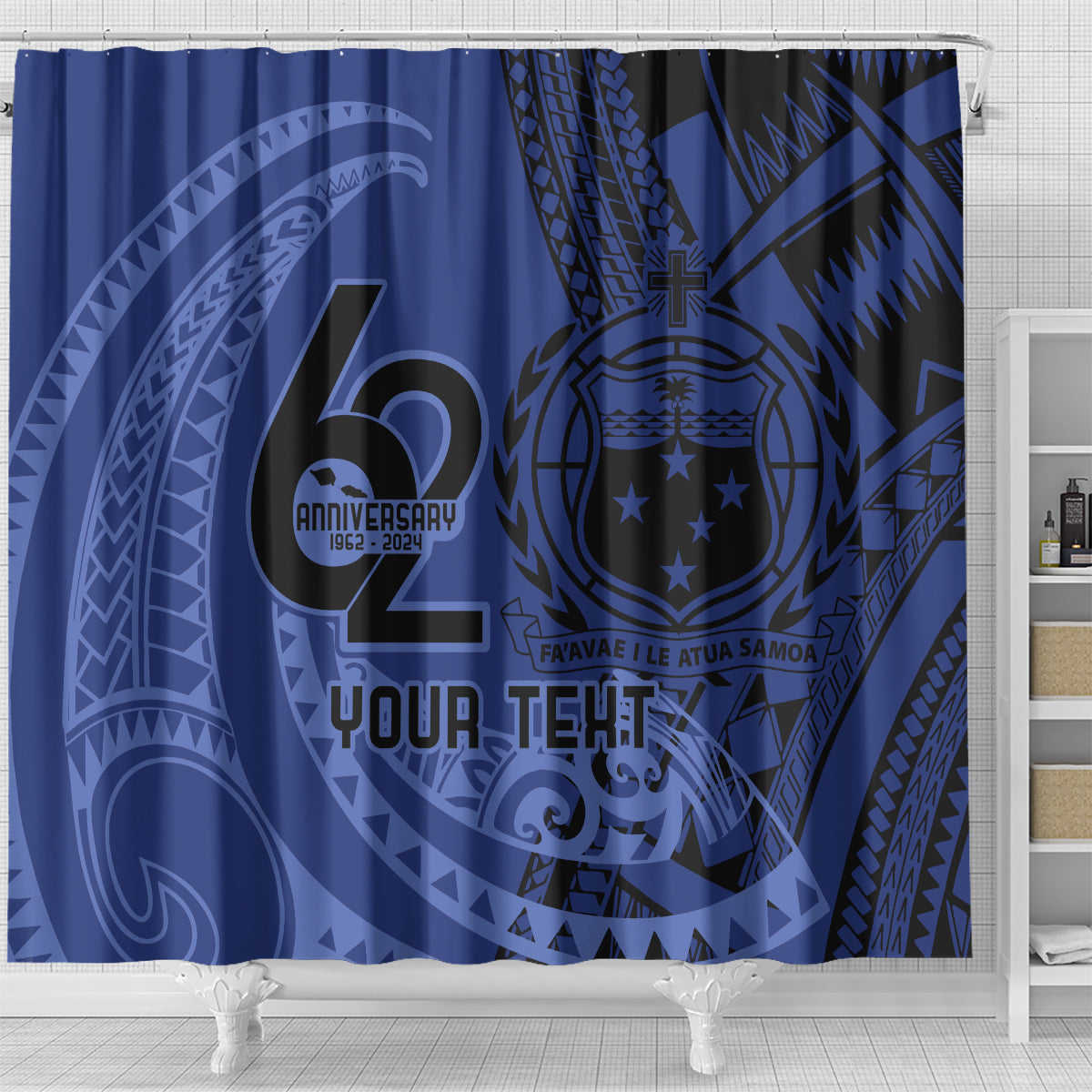 Custom Samoa 62nd Manuia le Aso Tuto'atasi Shower Curtain Samoan Tatau Blue Art