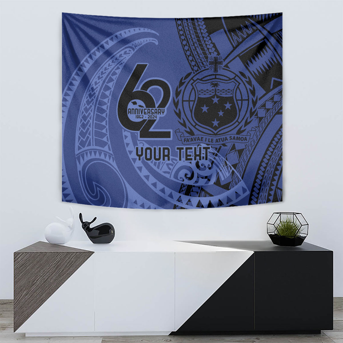 Custom Samoa 62nd Manuia le Aso Tuto'atasi Tapestry Samoan Tatau Blue Art