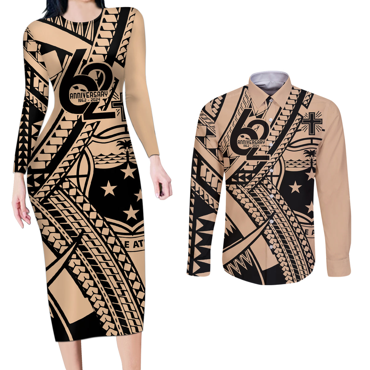 Custom Samoa Manuia le 62 Tausaga O le Tutoatasi Couples Matching Long Sleeve Bodycon Dress and Long Sleeve Button Shirt Samoan Tatau Beige Art LT9 Beige - Polynesian Pride