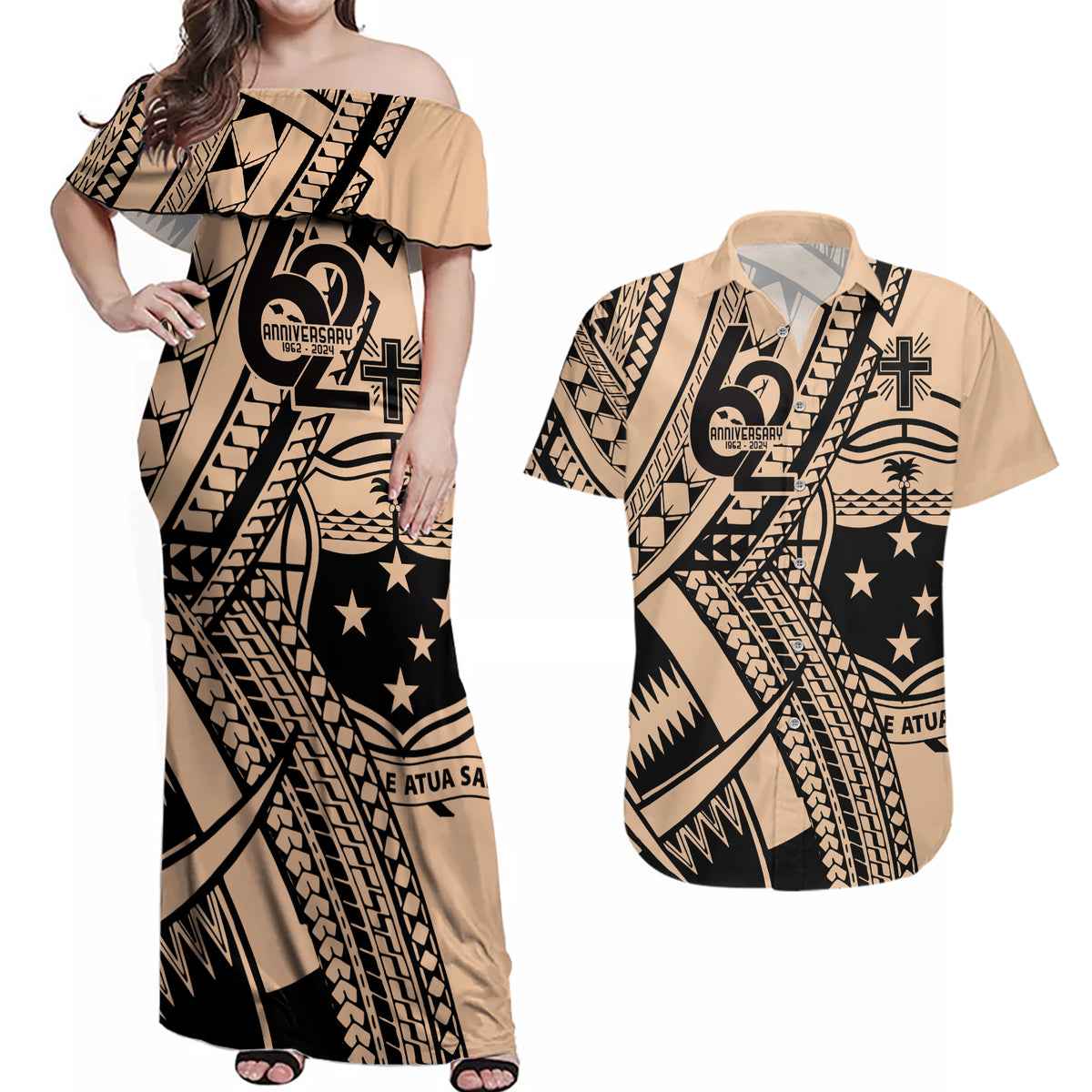 Custom Samoa Manuia le 62 Tausaga O le Tutoatasi Couples Matching Off Shoulder Maxi Dress and Hawaiian Shirt Samoan Tatau Beige Art LT9 Beige - Polynesian Pride