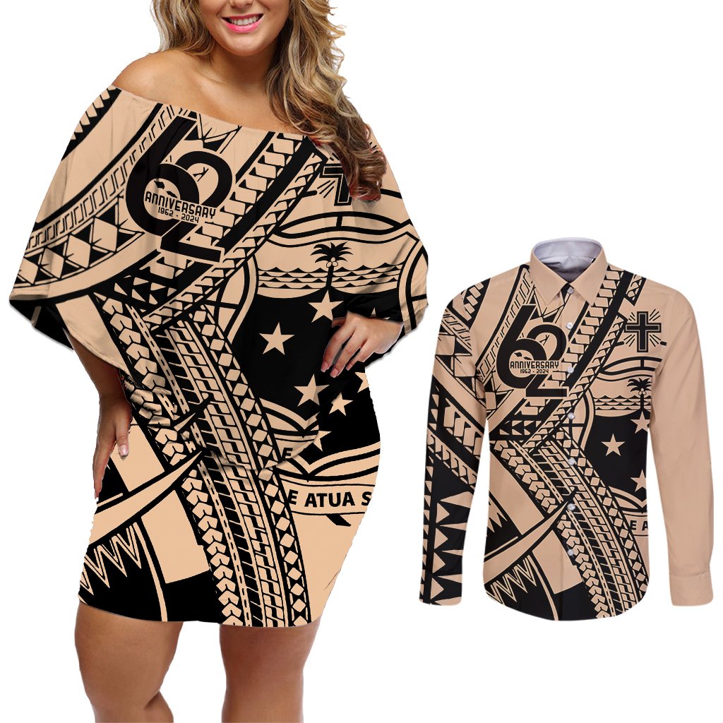 Custom Samoa Manuia le 62 Tausaga O le Tutoatasi Couples Matching Off Shoulder Short Dress and Long Sleeve Button Shirt Samoan Tatau Beige Art LT9 Beige - Polynesian Pride
