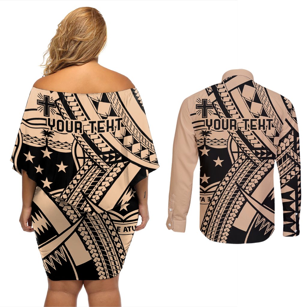 Custom Samoa Manuia le 62 Tausaga O le Tutoatasi Couples Matching Off Shoulder Short Dress and Long Sleeve Button Shirt Samoan Tatau Beige Art LT9 - Polynesian Pride