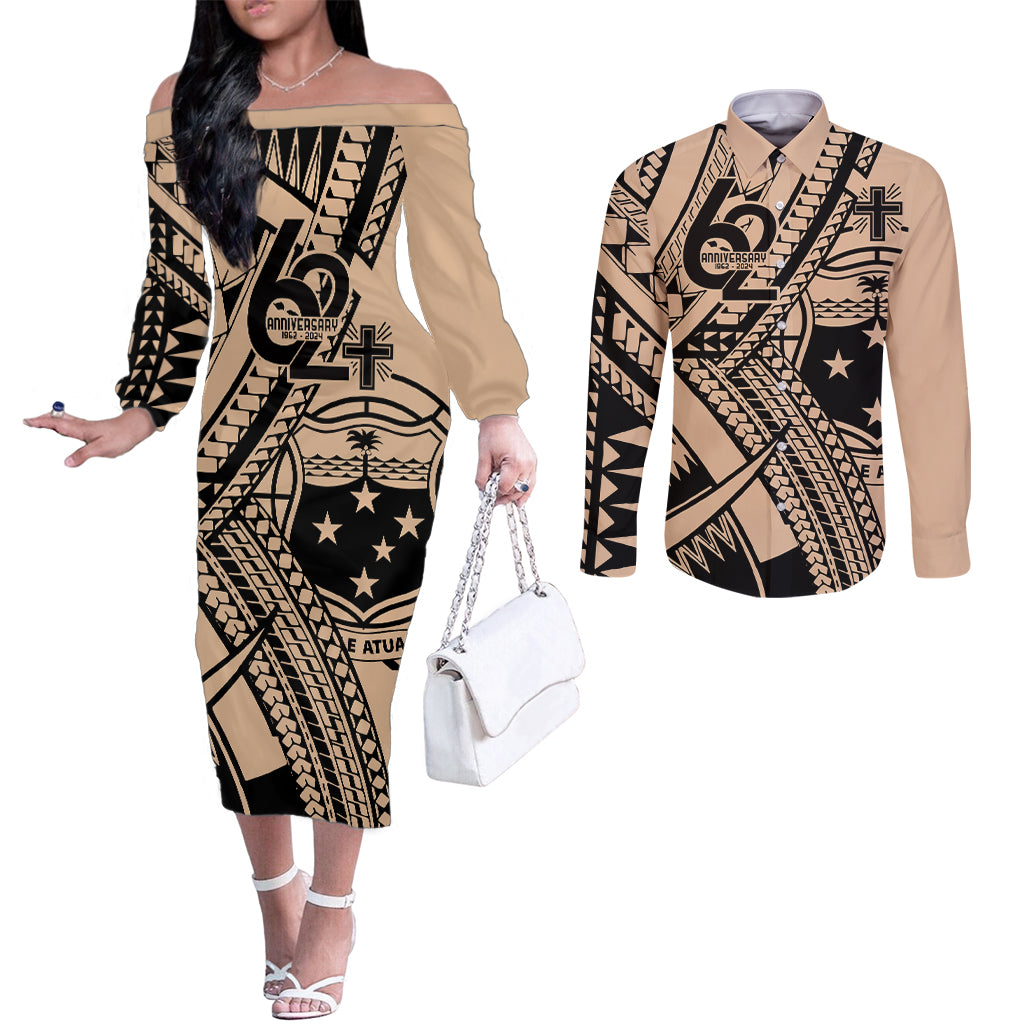 Custom Samoa Manuia le 62 Tausaga O le Tutoatasi Couples Matching Off The Shoulder Long Sleeve Dress and Long Sleeve Button Shirt Samoan Tatau Beige Art LT9 Beige - Polynesian Pride