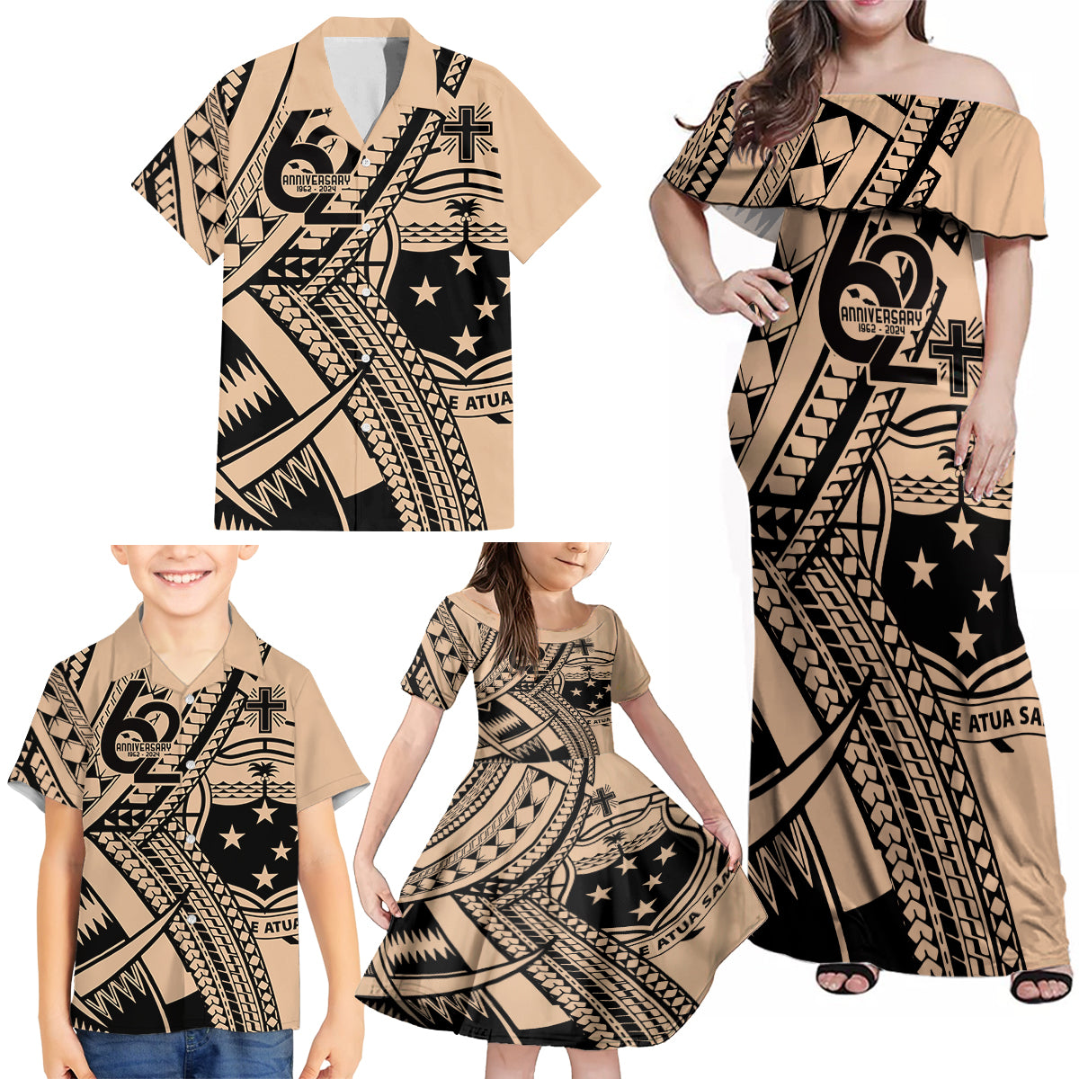 Custom Samoa Manuia le 62 Tausaga O le Tutoatasi Family Matching Off Shoulder Maxi Dress and Hawaiian Shirt Samoan Tatau Beige Art LT9 - Polynesian Pride