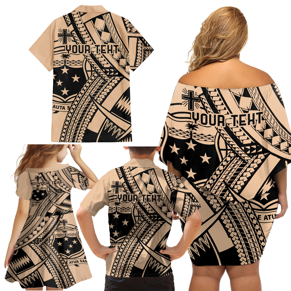 Custom Samoa Manuia le 62 Tausaga O le Tutoatasi Family Matching Off Shoulder Short Dress and Hawaiian Shirt Samoan Tatau Beige Art LT9 - Polynesian Pride