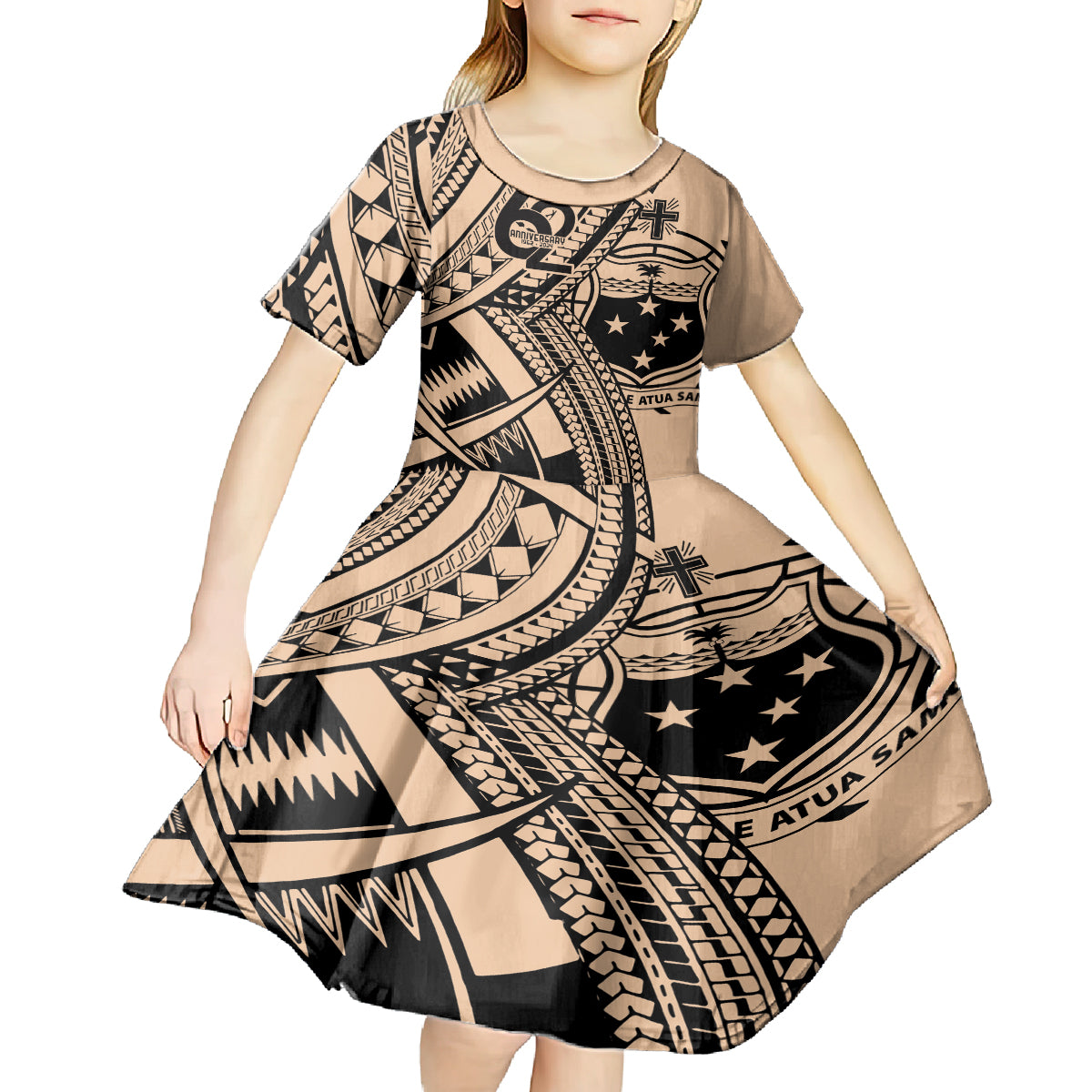 Custom Samoa Manuia le 62 Tausaga O le Tutoatasi Kid Short Sleeve Dress Samoan Tatau Beige Art LT9 - Polynesian Pride