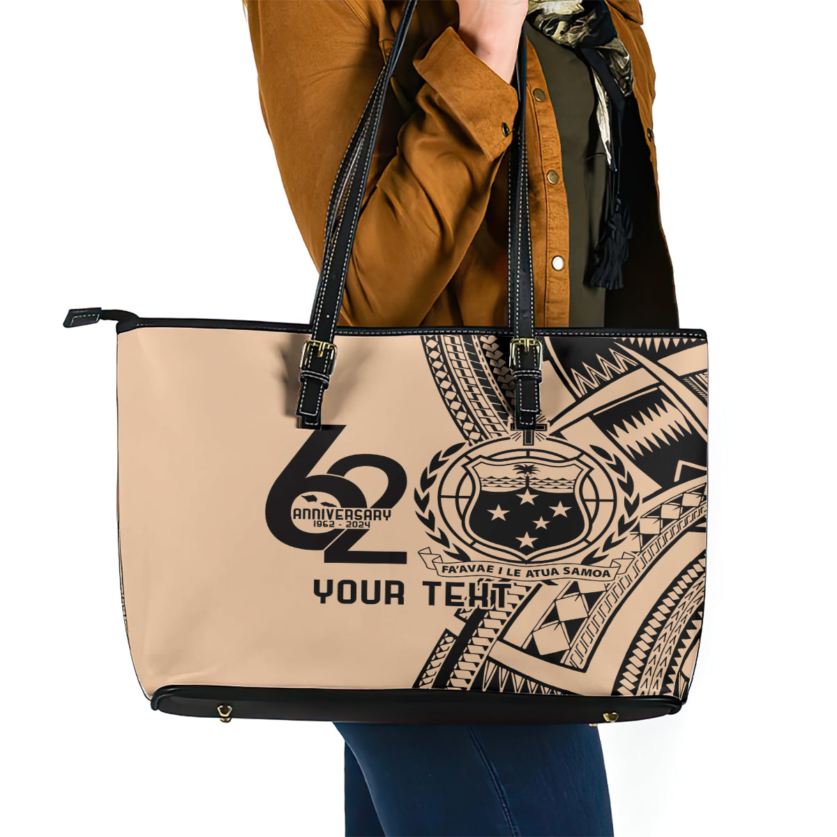 Custom Samoa Manuia le 62 Tausaga O le Tutoatasi Leather Tote Bag Samoan Tatau Beige Art LT9 - Polynesian Pride