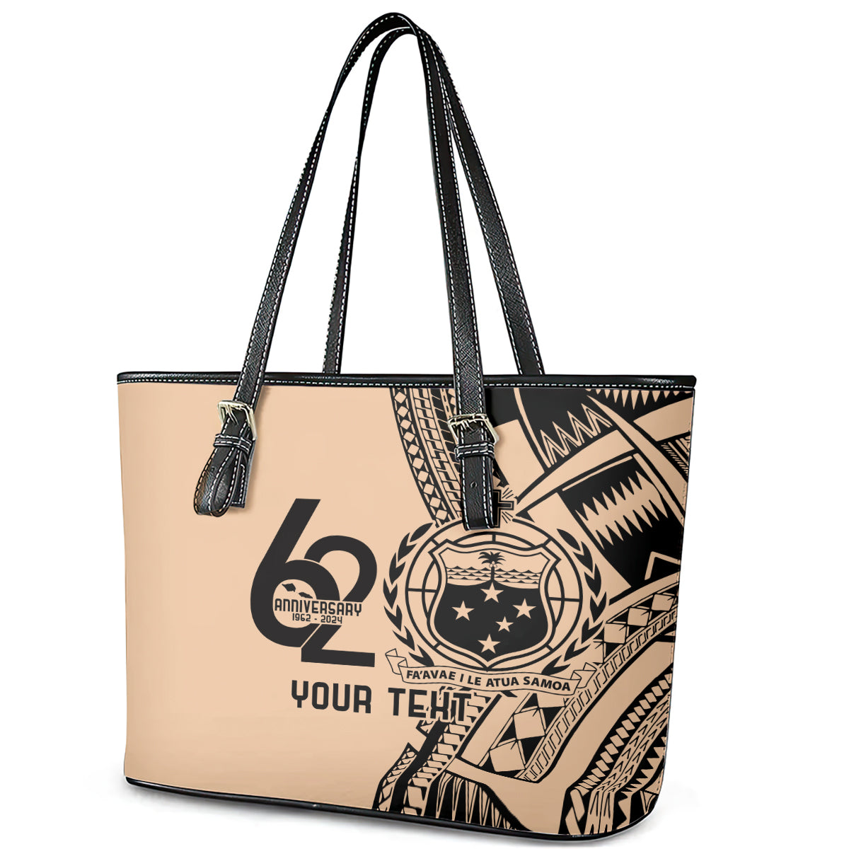 Custom Samoa Manuia le 62 Tausaga O le Tutoatasi Leather Tote Bag Samoan Tatau Beige Art LT9 - Polynesian Pride