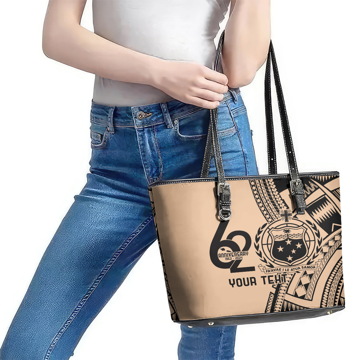 Custom Samoa Manuia le 62 Tausaga O le Tutoatasi Leather Tote Bag Samoan Tatau Beige Art LT9 - Polynesian Pride