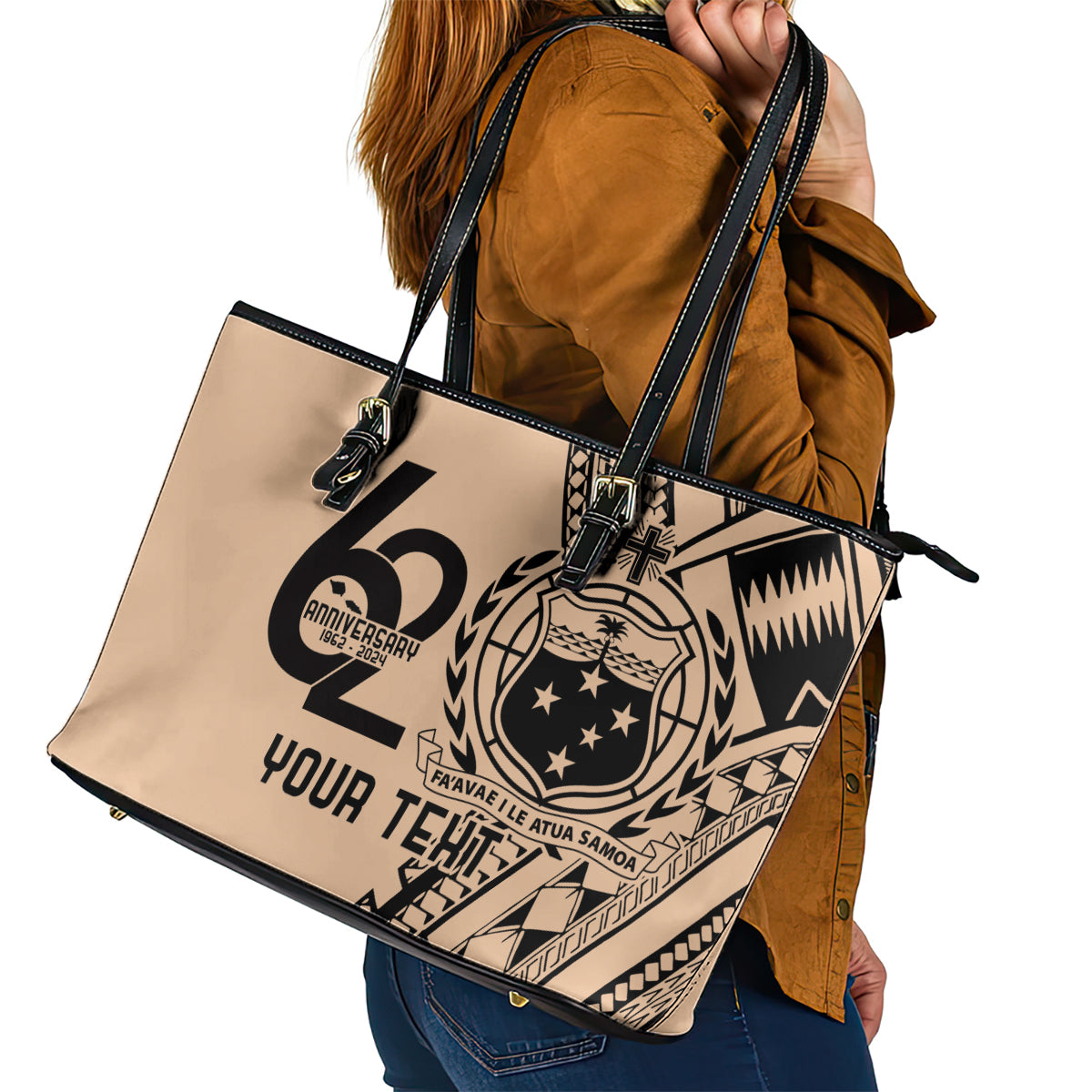 Custom Samoa Manuia le 62 Tausaga O le Tutoatasi Leather Tote Bag Samoan Tatau Beige Art LT9 - Polynesian Pride