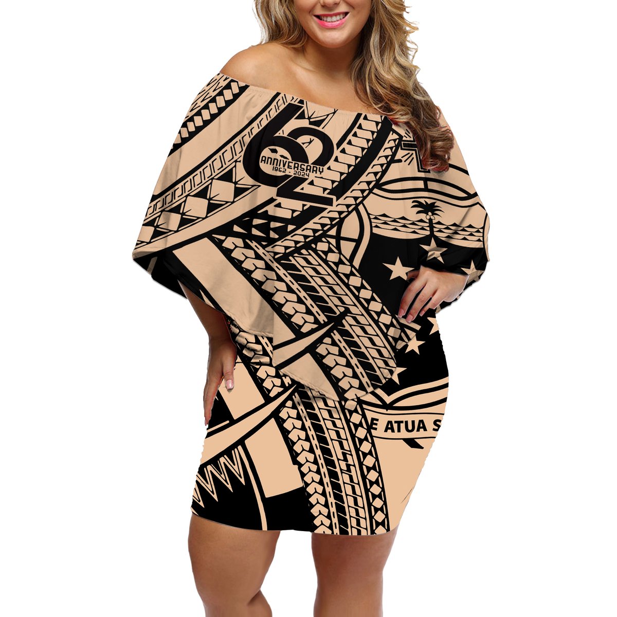 Custom Samoa Manuia le 62 Tausaga O le Tutoatasi Off Shoulder Short Dress Samoan Tatau Beige Art LT9 Women Beige - Polynesian Pride
