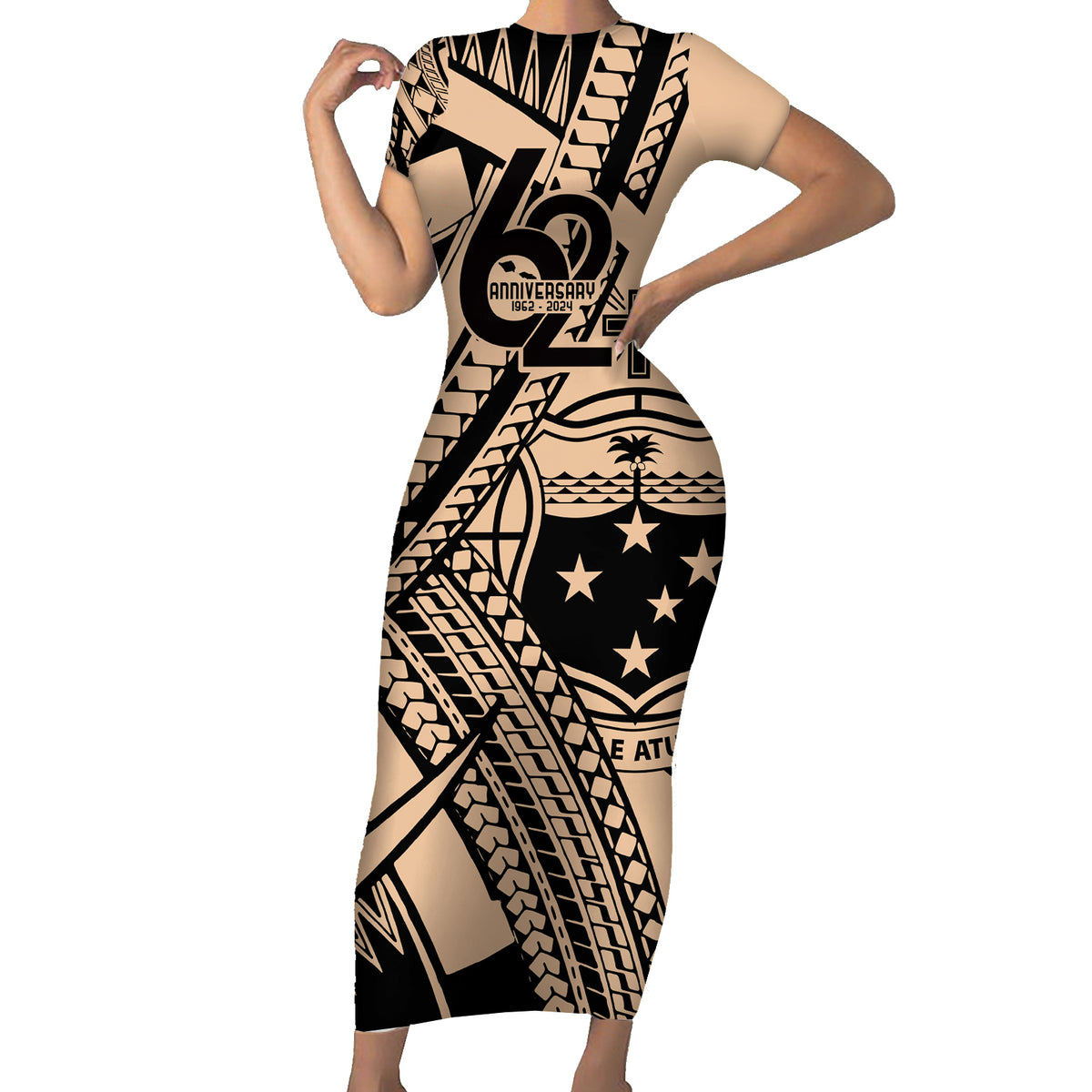 Custom Samoa Manuia le 62 Tausaga O le Tutoatasi Short Sleeve Bodycon Dress Samoan Tatau Beige Art LT9 Long Dress Beige - Polynesian Pride