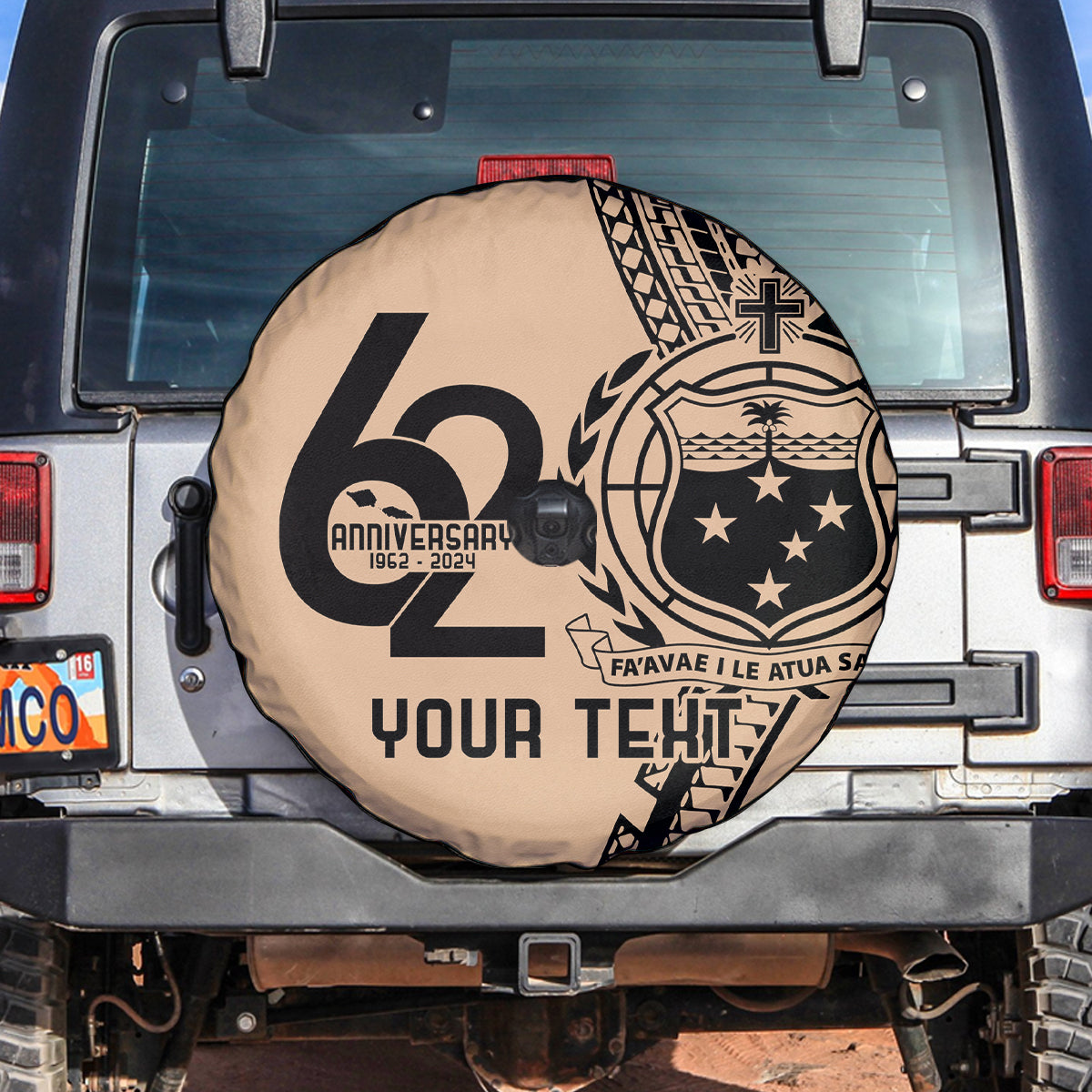Custom Samoa Manuia le 62 Tausaga O le Tutoatasi Spare Tire Cover Samoan Tatau Beige Art LT9 Beige - Polynesian Pride
