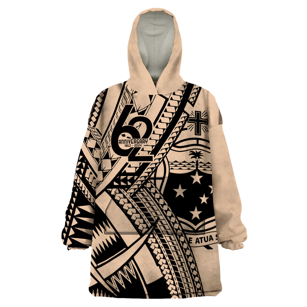 Custom Samoa Manuia le 62 Tausaga O le Tutoatasi Wearable Blanket Hoodie Samoan Tatau Beige Art LT9 One Size Beige - Polynesian Pride