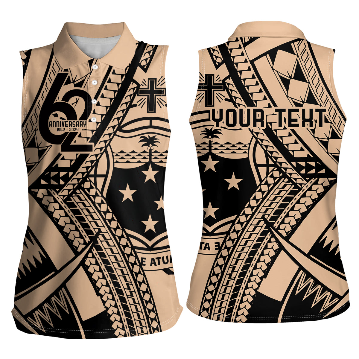 Custom Samoa Manuia le 62 Tausaga O le Tutoatasi Women Sleeveless Polo Shirt Samoan Tatau Beige Art LT9 - Polynesian Pride