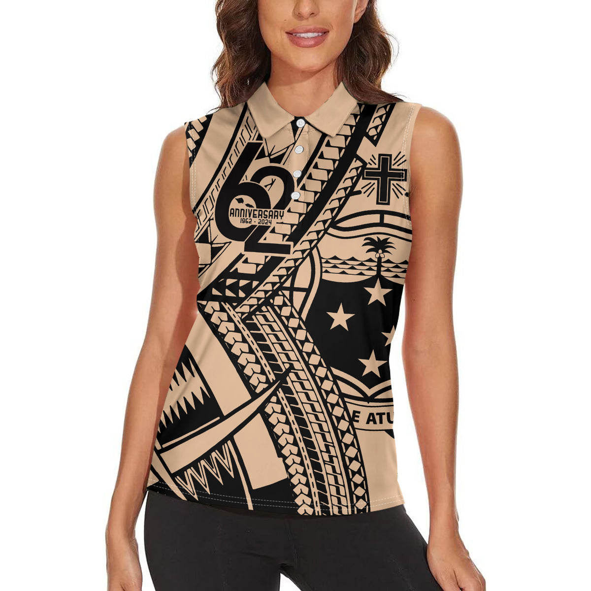Custom Samoa Manuia le 62 Tausaga O le Tutoatasi Women Sleeveless Polo Shirt Samoan Tatau Beige Art LT9 - Polynesian Pride