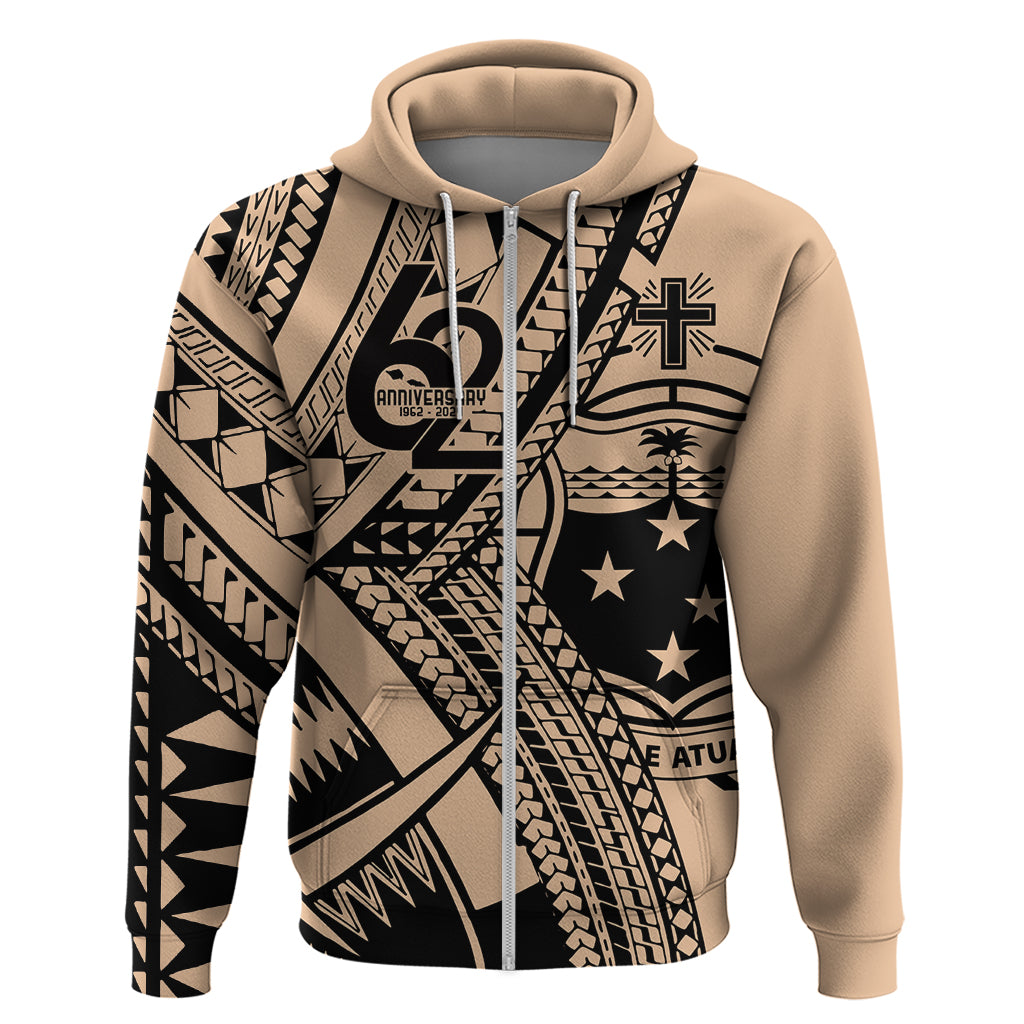 Custom Samoa Manuia le 62 Tausaga O le Tutoatasi Zip Hoodie Samoan Tatau Beige Art LT9 Zip Hoodie Beige - Polynesian Pride
