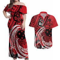 Custom Samoa Manuia le 62 Tausaga O le Tutoatasi Couples Matching Off Shoulder Maxi Dress and Hawaiian Shirt Samoan Tatau Red Art LT9 Red - Polynesian Pride