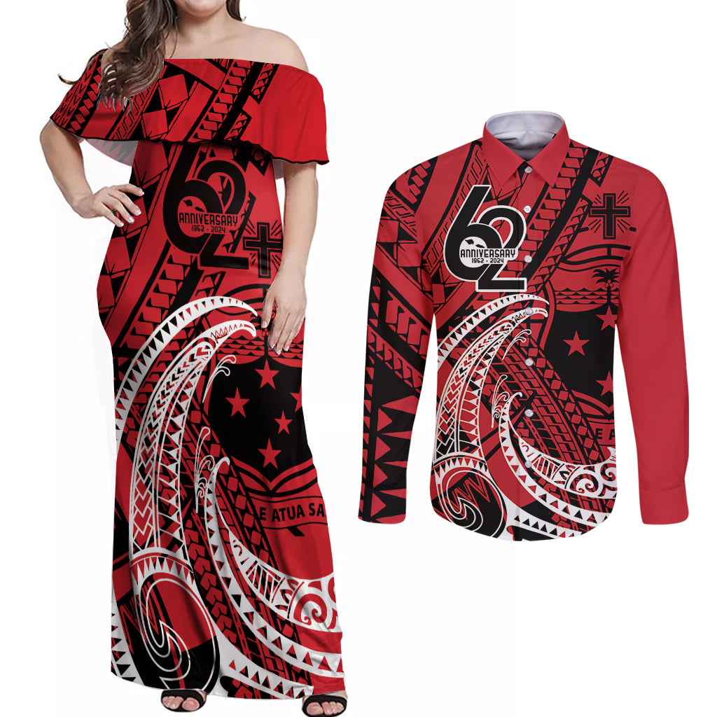 Custom Samoa Manuia le 62 Tausaga O le Tutoatasi Couples Matching Off Shoulder Maxi Dress and Long Sleeve Button Shirt Samoan Tatau Red Art LT9 Red - Polynesian Pride