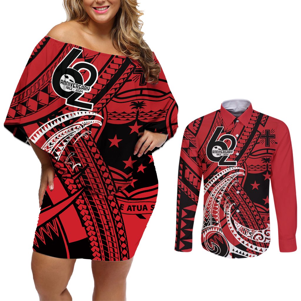 Custom Samoa Manuia le 62 Tausaga O le Tutoatasi Couples Matching Off Shoulder Short Dress and Long Sleeve Button Shirt Samoan Tatau Red Art LT9 Red - Polynesian Pride